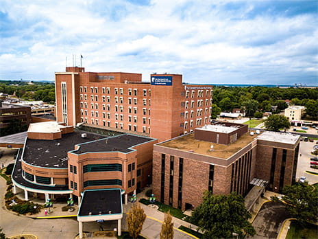 Aerial view of The University of Kansas Health System - S.t Francis campus in Topeka, Kan. with connected hospital buildings and medical facilities.